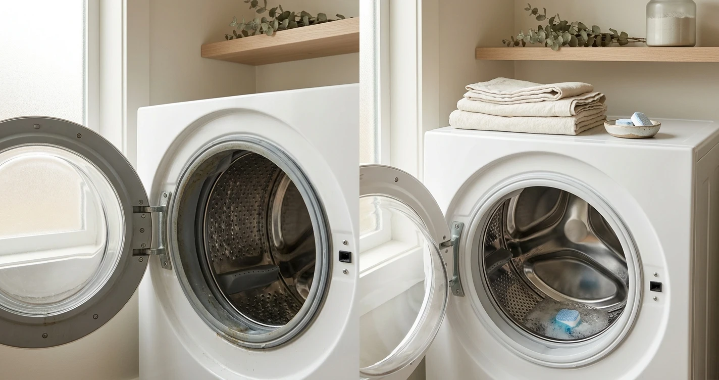 Comparison images showing the use of cleaning tablets
