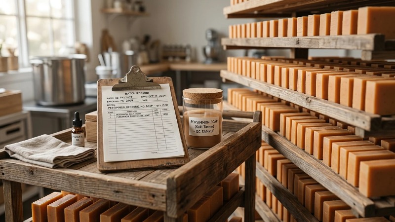 Curing persimmon soap bars on wooden drying racks