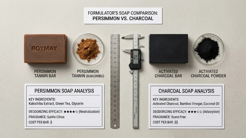 Persimmon and charcoal soap bars flat lay comparison Persimmon and charcoal soap bars flat lay comparison