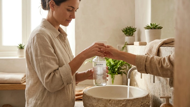 Person refilling spray bottle at bathroom sink Person refilling spray bottle at bathroom sink