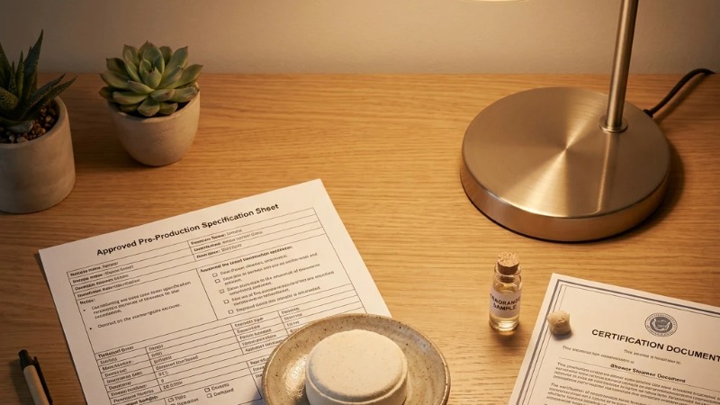 Shower steamer sample flat lay under warm desk lamp