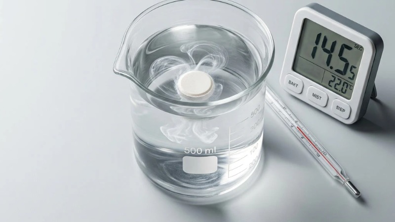 Dissolving tablet in beaker with timer and thermometer