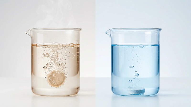 Tablet dissolving in warm vs cold water beakers Tablet dissolving in warm vs cold water beakers
