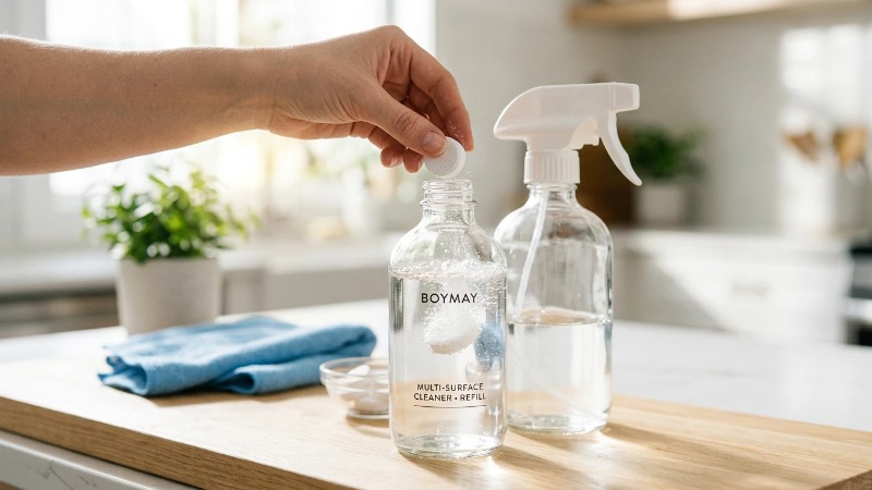 Hand dropping cleaning tablet into glass spray bottle